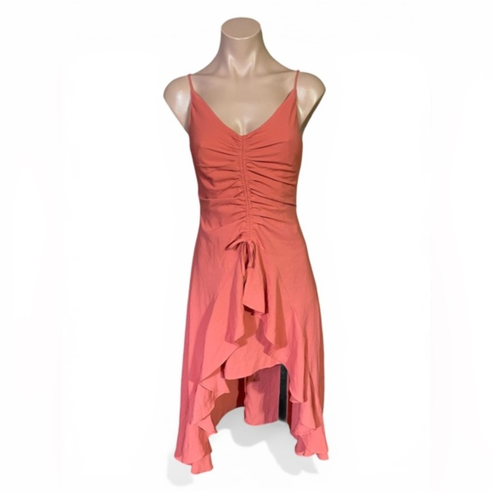 Finders Keepers S Day Trip Coral Ruched Ruffle Hi-Lo Hem Mini Dress Peach